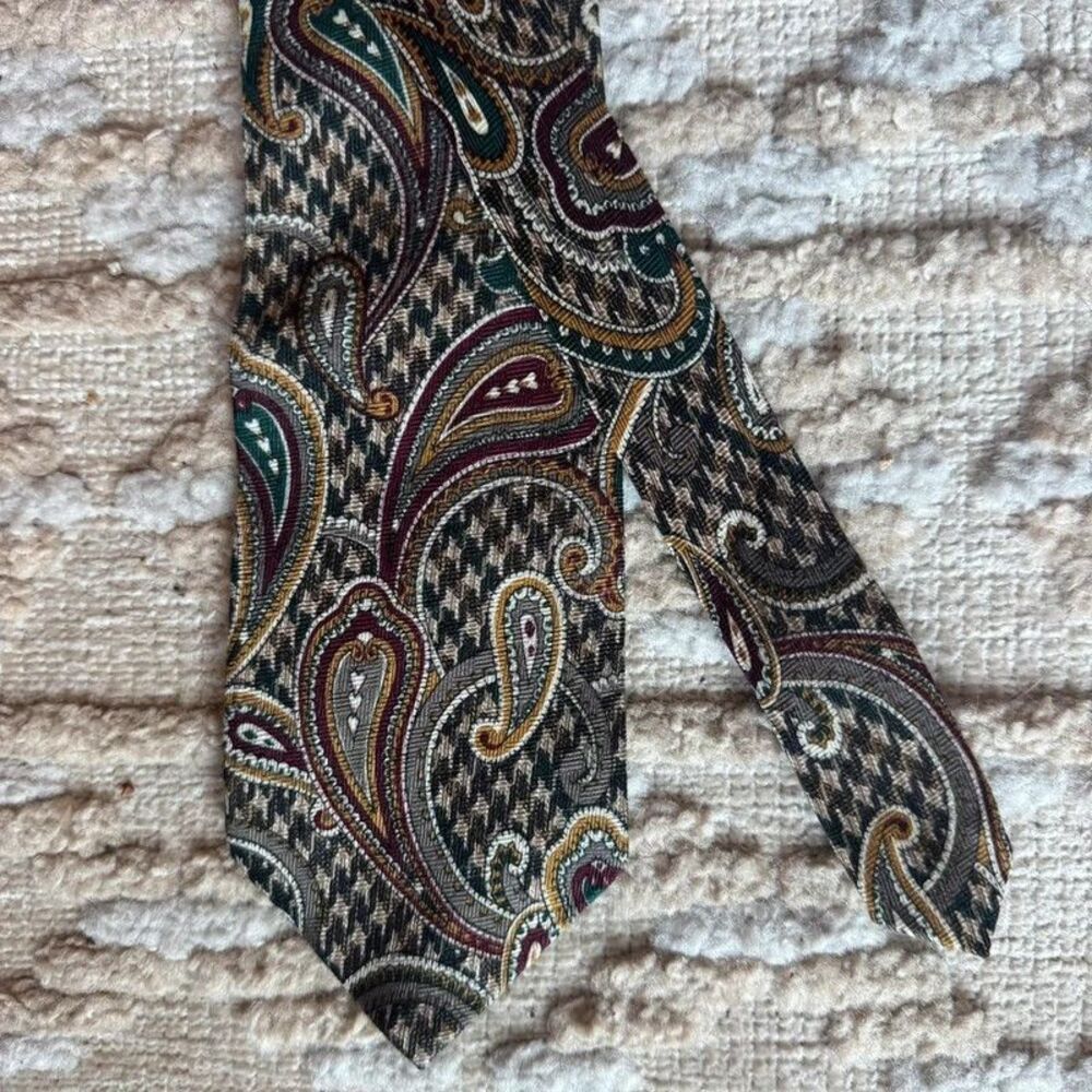 Vintage Givenchy Monsieur Paris Silk Necktie Brown Paisley Houndstooth